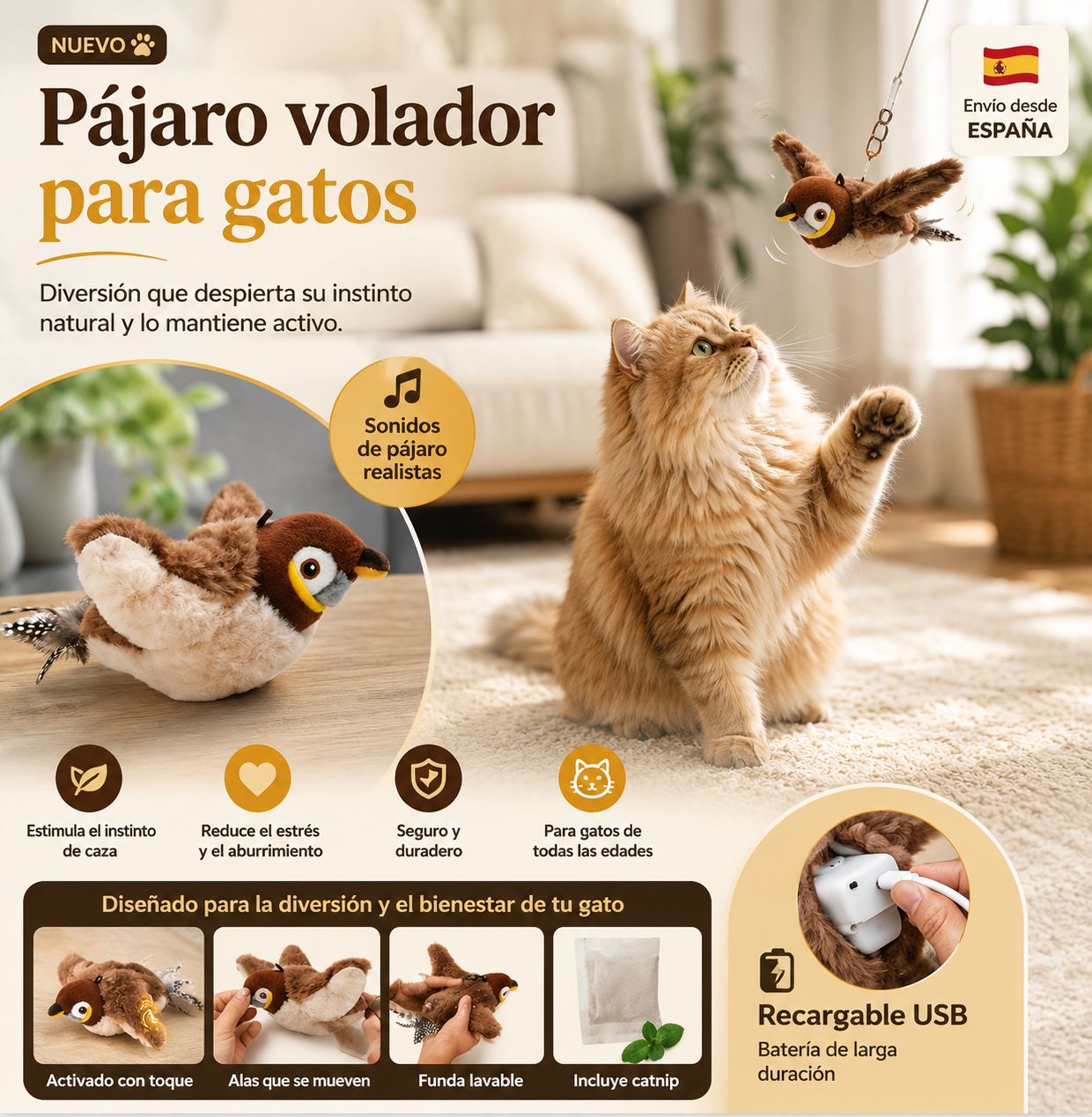 Juguete para gatos pajaro volador